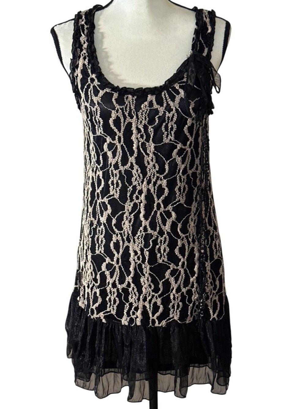 Whimsigoth Black Beige Lace Dress Medium Areve Romantic Coquette Party Soiree